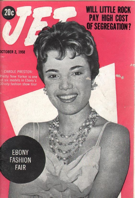 1950s vintage magazine cover: Jet Magazine October 2nd, 1958 featuring Carole Preston on the cover. She is one of 6 models in Ebony's 30-city fashion show tour. 