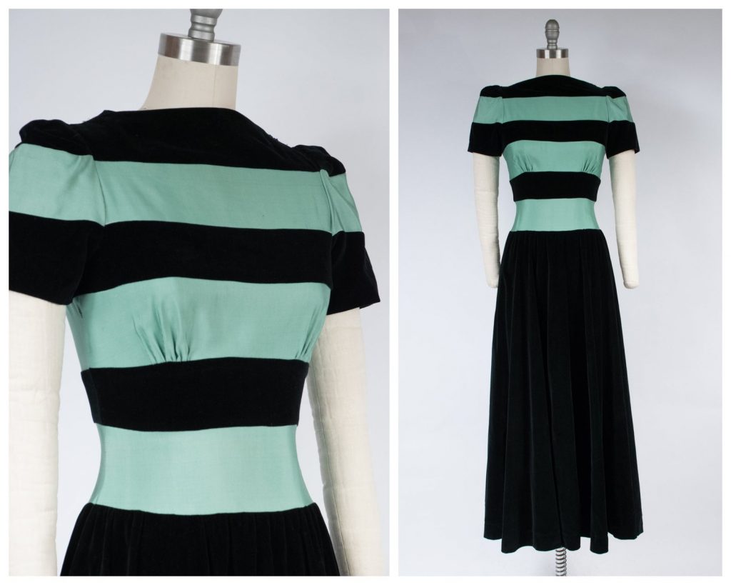 1930s Dress - Stunning Vintage 30s Puffed Sleeve Evening Gown in Black Velveteen and Mint Faille Color Block
