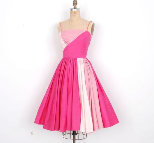 1950s Fashion: Vintage 1950s Dress / 1950s Pink Cotton Colorblock Dress / Full Skirt