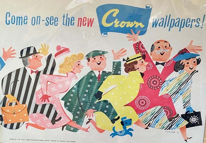 1960s vintage ad for Crown Wallpapers featuring an illustration of people with wallpaper patterns. 