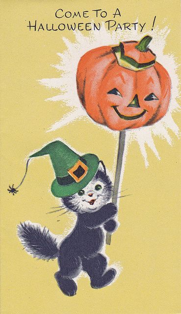 vintage Halloween party invitation featuring a cat and pumpkin