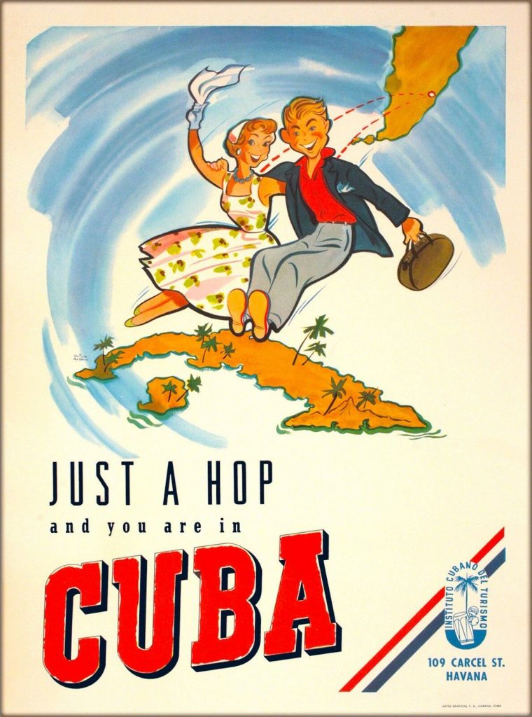 Just a Hop and you are in Cuba Havana Caribbean Vintage Travel Poster 1950s vintage travel poster
