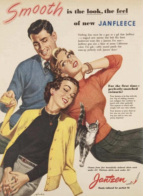 1950s Vintage Ad: Jantzen 1955 Fashion Ad for Jantzen sweaters featuring fun 1950s fashions for men and women. 