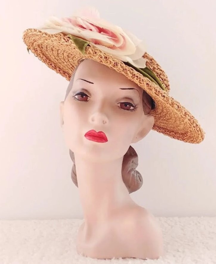 Vintage 1950s Hat | 50s Platter Hat | 50s Straw Hat. Perfect Easter parade vintage hat. 