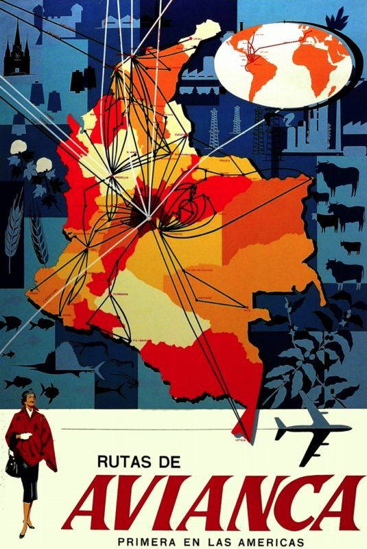 1950s Vintage Travel Poster for travel to South America via Avianca Air.