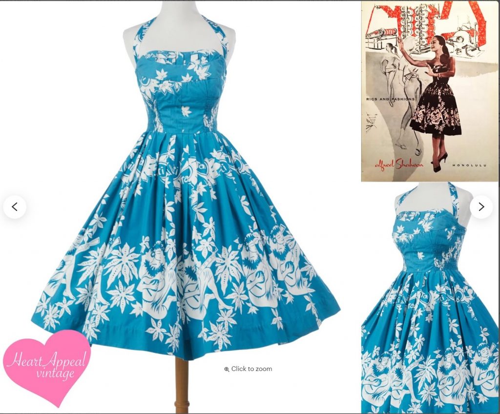 1950s Fashion: Vintage 1950s Alfred Shaheen Dress // Rare Blue Thatian Border Print Hawaiian Shelf Bust Dress