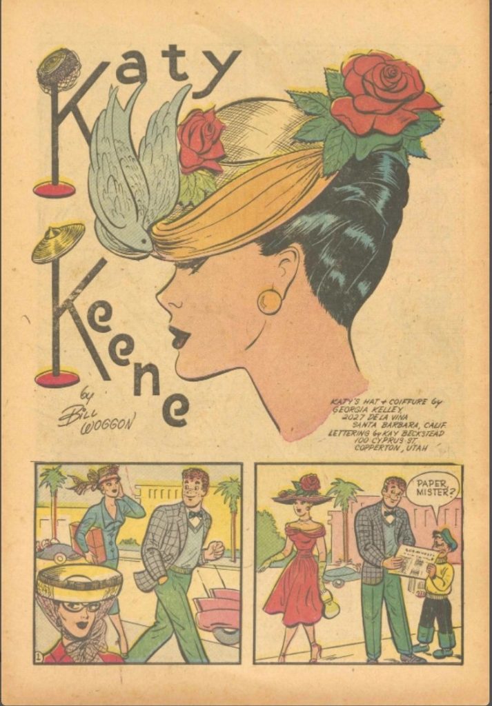 1950s katy keene comic book inside featuring a fashion illustration of 1950s hats and 1950s fashions.