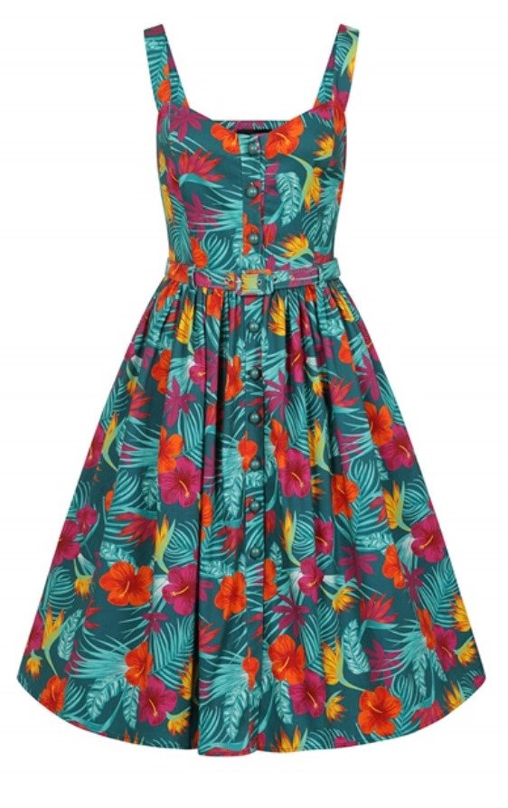 1950s Style dress in a tropical print from Collectif. Fun Tiki Style!
