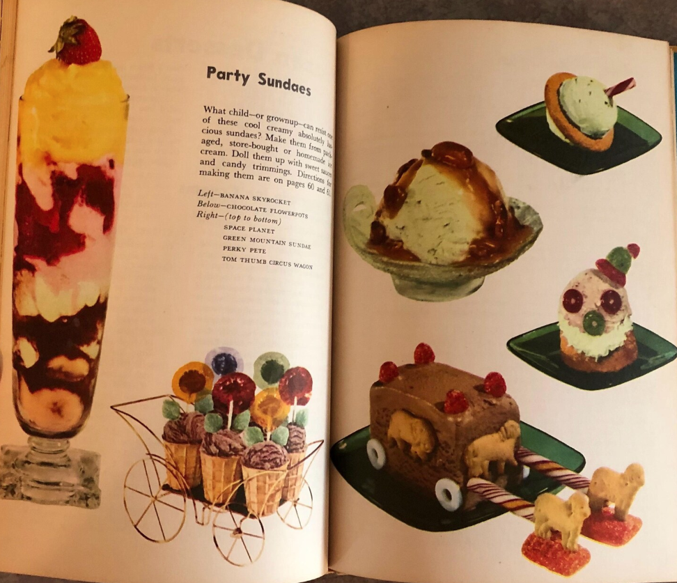 1950s Party Food: Party Sundaes as seen in the "The Family Circle Dessert and Fruit Cookbook" - 1954.  Retro Food / 1950s Dessert. 