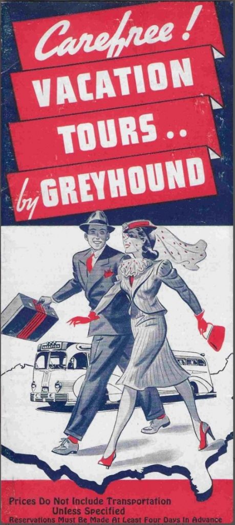 Vintage 1939 travel brochure for Greyhound Bus featuring an illustration of a couple in late 1930s fashions heading on an adventure. 