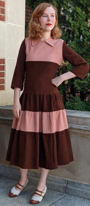 1940s Fashion: Vintage 1940s Pink + Burgundy Wool Colour Block Dress