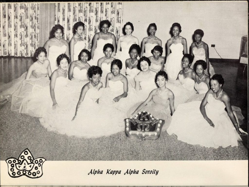 1950s Vintage Photo: The Livingstonian College (North Carolina) yearbook from 1959 featuring the Black Sorority, the 'Alpha Kappa Sorority' in their beautiful 1950s evening gowns. 