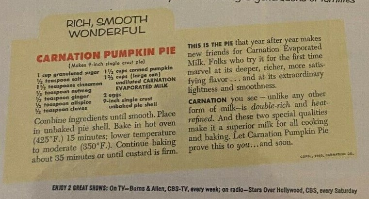 1950s vintage recipe: 'Carnation Pumpkn Pie' as seen in a 1950s vintage ad for Carnation milk. 1950s Dessert inspiration.