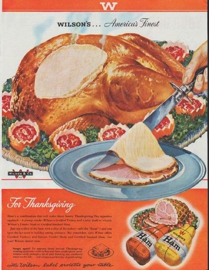 1940s vintage ad for Wilson's Ham for Thanksgiving - 1948. The illustration features a Turkey on a platter with
