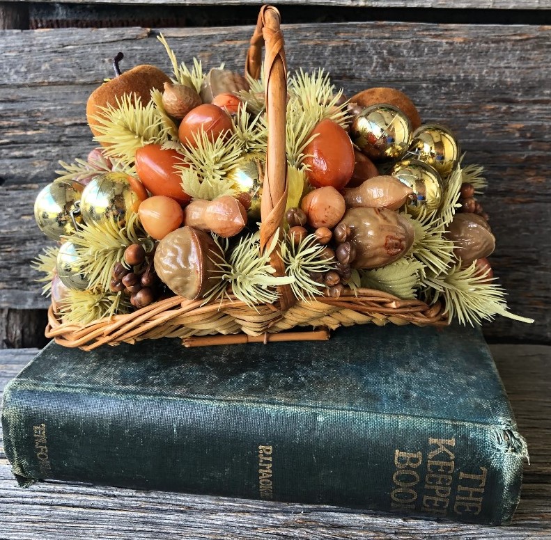 Vintage Thanksgiving Decoration: Mid Century Fall basket Thanksgiving cornucopia 1950s kitsch decor plastic apples nuts 