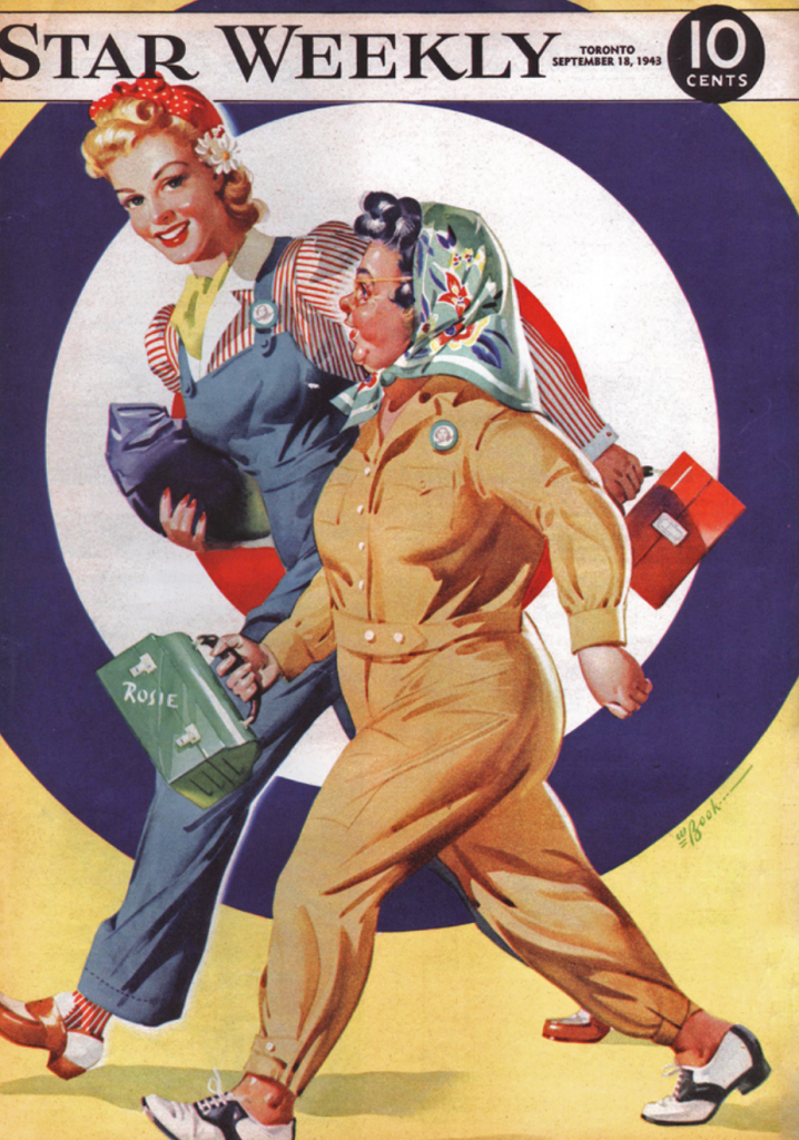 1940's vintage magazine cover from the Toronto Star Weekly from September 1943 featuring an illustration of two women in 1940's fashions heading to work for the homefront war effort. 