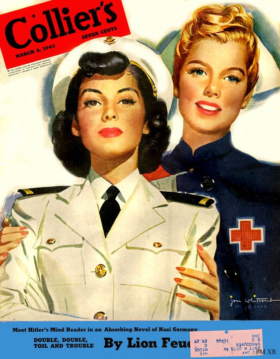 1940s vintage magazine cover of Colliers featuring women in 1943 in uniform. They are wearing 1940s hairstyles. 