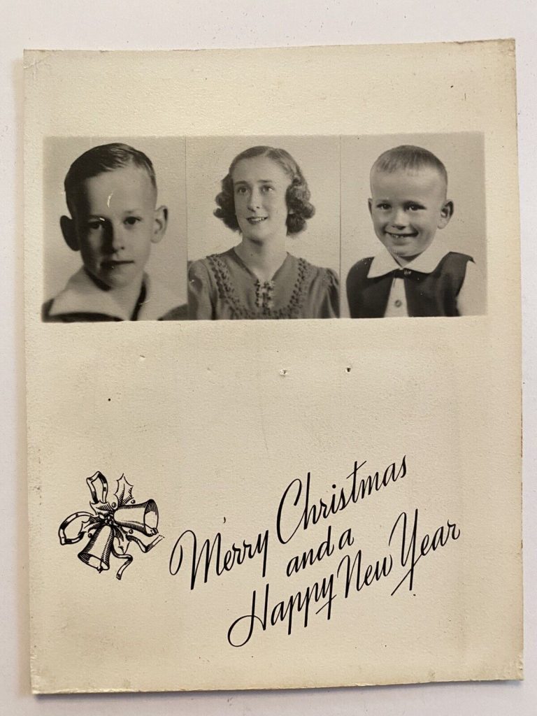 Sweet, early 1940s photo card of siblings. Vintage 1940s Family Greeting Card featuring two young kids and one young woman. 