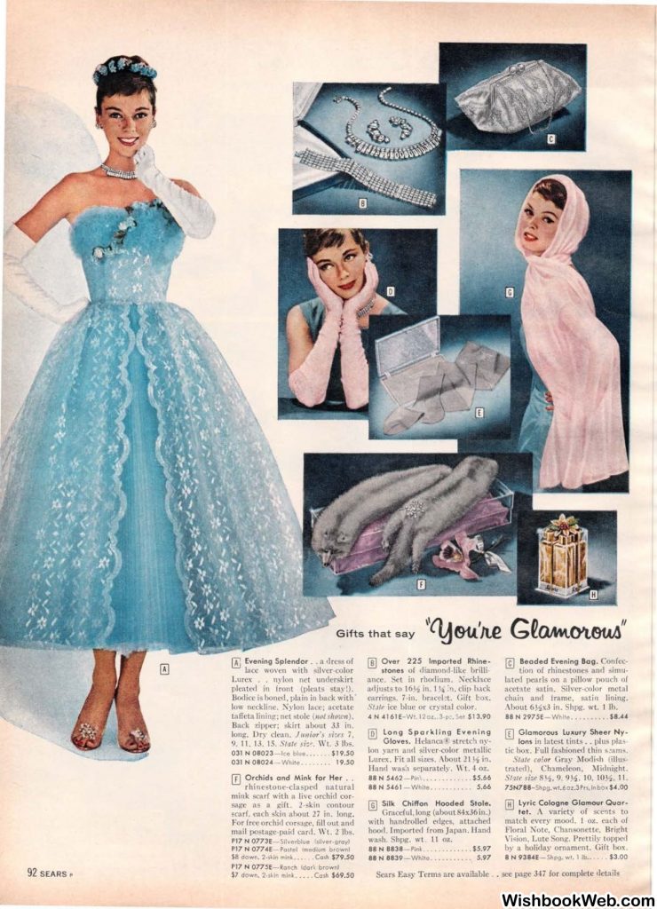 1950s vintage catalog. A 1957 Sears Christmas book featuring a woman in a 1950s evening gown surrounded by glamorus gifts for woman like gloves and jewelry