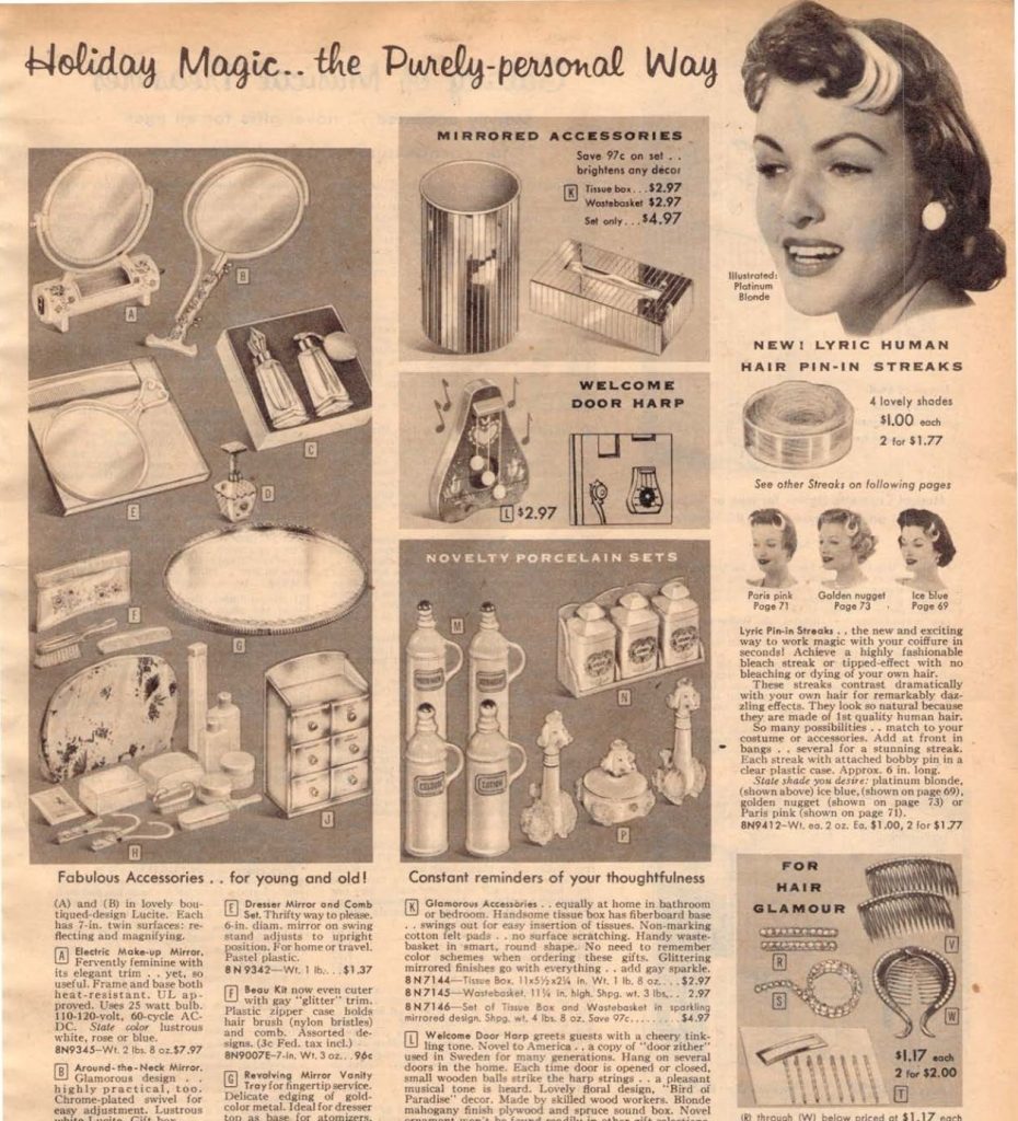 1950s vintage catalog. A 1957 Sears Christmas book featuring hair accessories for womens hair and items for your dresser-1950s Women's hairstyle inspirations