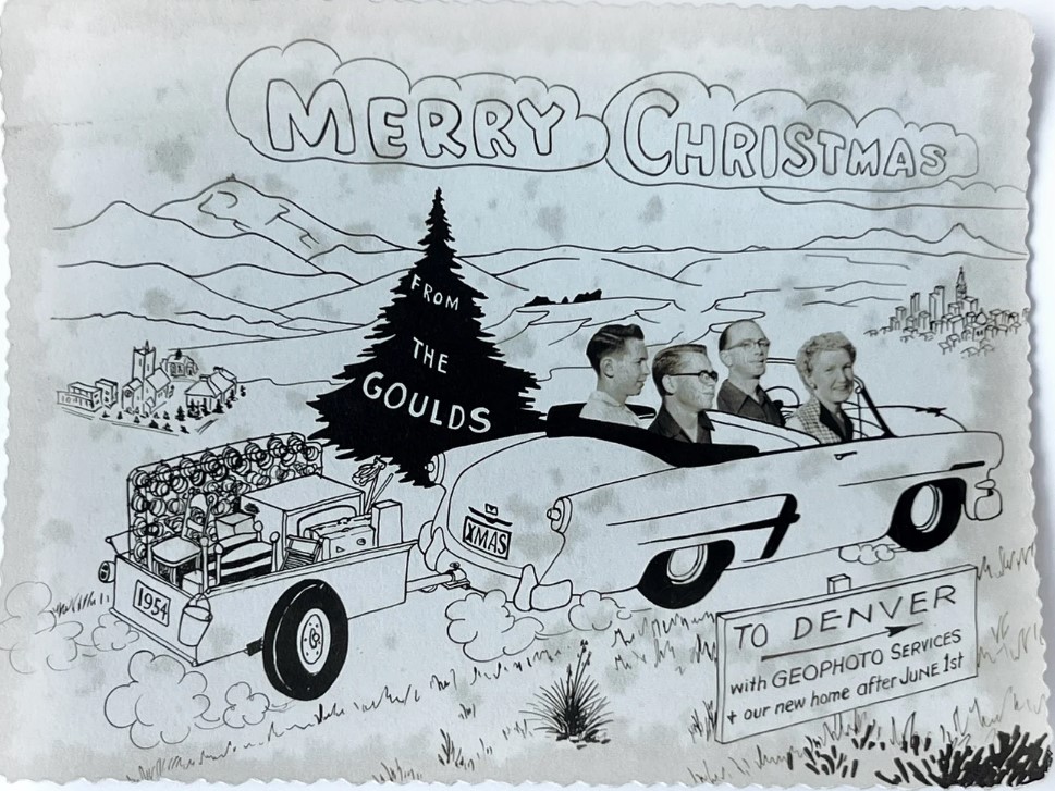 1950s vintage Christmas card: Fabulous old personalized photo Christmas card was sent from the Goulds in 1954. It announced they were moving to Denver with Geophoto Services. Apparently they were leaving Colorado Springs 