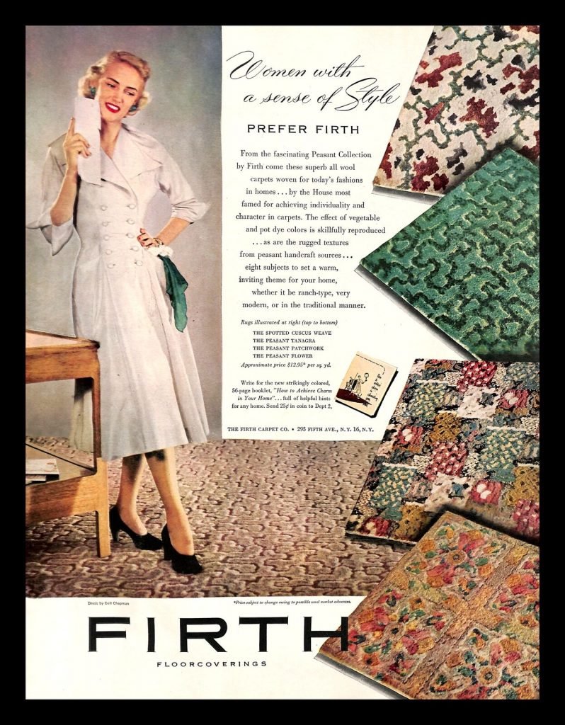 1950s Vintage Ad for Firth Floor Coverings - 1951 featuring a 1950s housewife in a Ceil Chapman dress. Super Early 1950s Home decor ad. 