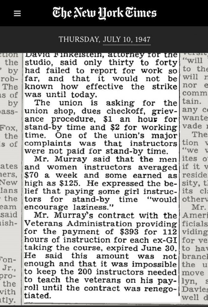 1947 news article about the Dance Teacher Strike from Arthur Murray Dance Studio in New York City as seen in the New York Times. 