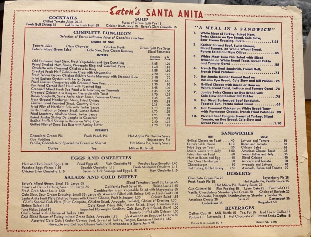 1953 Eaton's Restaurant Lunch Menu. Colorado Boulevard Santa Anita Arcadia
