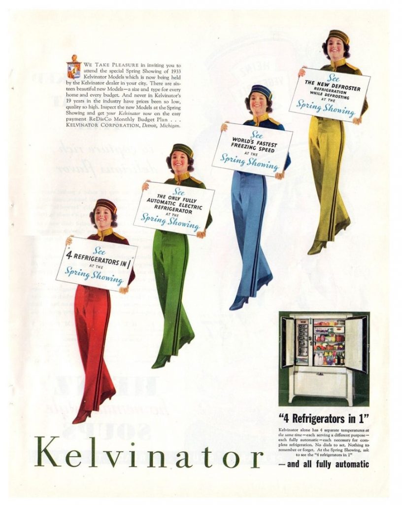 1930s Vintage Advertisement / Old Refrigerator Ad: 1933 Kelvinator Refrigerator Vintage Ad - See the Automatic Electric Refrigerator at the Spring Showing! 4 Refrigerators in 1