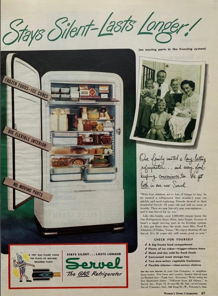 1940s Vintage Advertisement / Old Refrigerator Ad: 1940s Servel Refrigerator featuring an image of a 1940s family and open fridge with all the things the fridge can do for you.