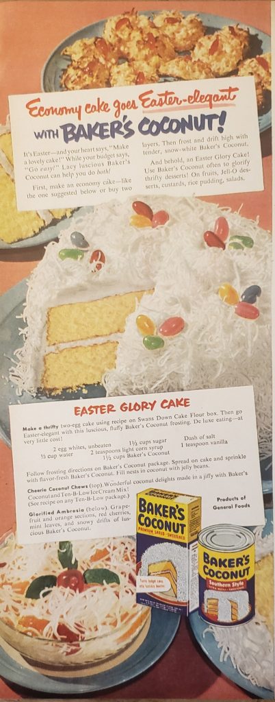1950s vintage advertisement-1951 BAKERS COCONUT advertisement featuring a recipe for an Easter Glory Cake. Yummy vintage Easter dessert recipe idea. 
