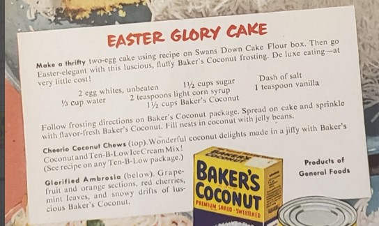 1950s vintage recipe as seen on a 1951 BAKERS COCONUT advertisement featuring a recipe for an Easter Glory Cake. Yummy vintage Easter dessert recipe idea. 