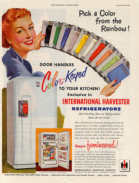 1950s Vintage Ad / Old Refrigerator Ad: International Harvester Refrigerator ad, 1950s featuring Door Handles that are color-keyed to your kitchen. 