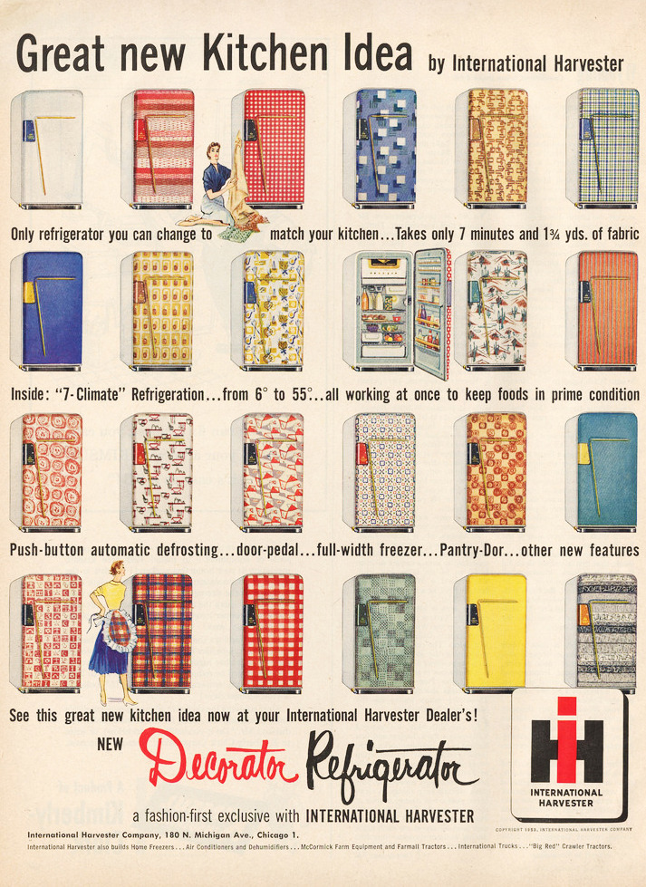1950s Vintage ad / Old Refrigerator Ad: International Harvester..Decorator Refrigerator ad, 1953. Chose a cool designer for the front of your fridge. 