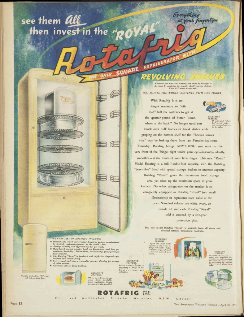 1952 advertisement for Rotafrig - Revolving Shelves in your fridge. "Everything at your fingertips". Old Refrigerator Ad.