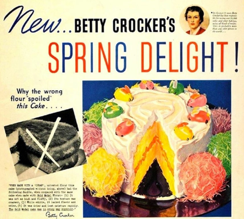 1950s Vintage Easter Advertising for Betty Crocker's Spring Delight Easter Cake.