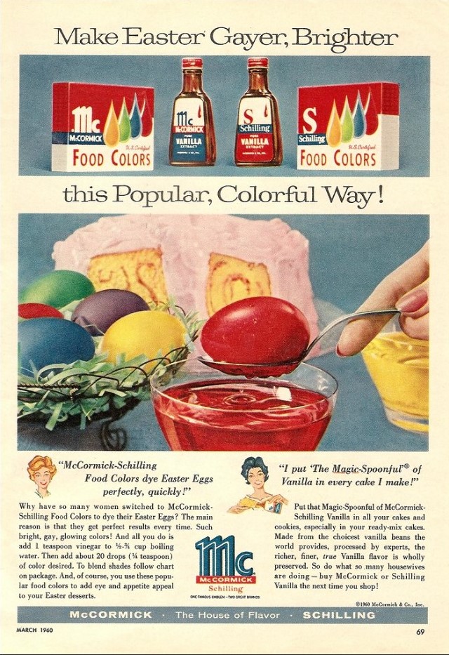 1960s Easter Advertising: You can't have coloured eggs without food colouring. 1960s ad for McCormick-Schilling Food Colors dye & Vanilla flavor for cakes & cookies. 