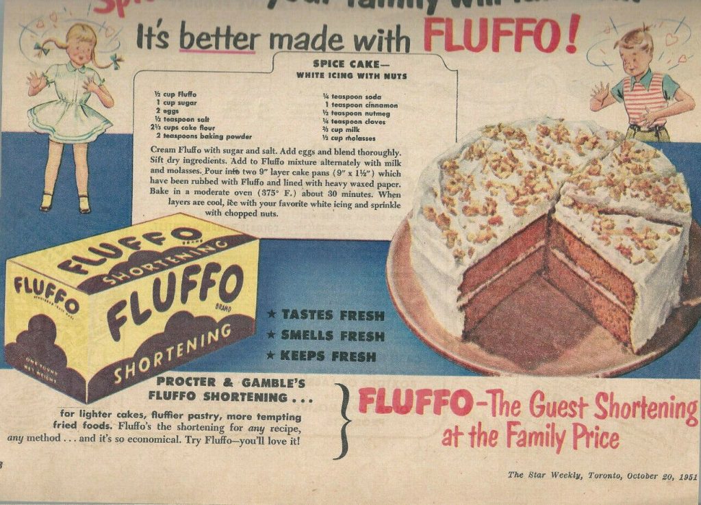 1950s vintage food ad for Fluffo Shortening for making vintage cakes, like Spice Cake with white icing with nuts as seen in a 1951 newspaper. 