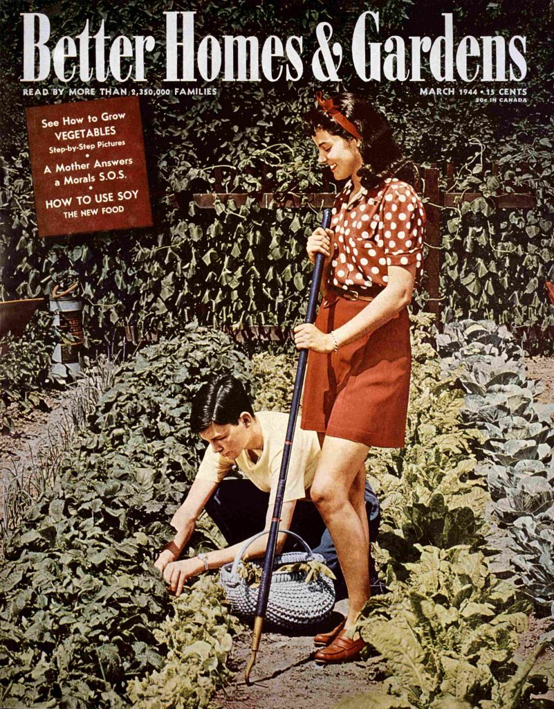 1940s vintage magazine from Better Homes and Gardens from March 1944 featuring two young people in 1940s fashions harvesting their plants and working in a garden