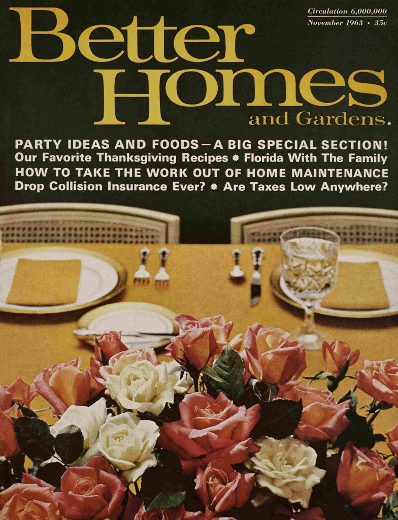 1960s vintage magazine cover from Better Homes and Gardens from November 1963 featuring party food ideas and thanksgiving food recipes