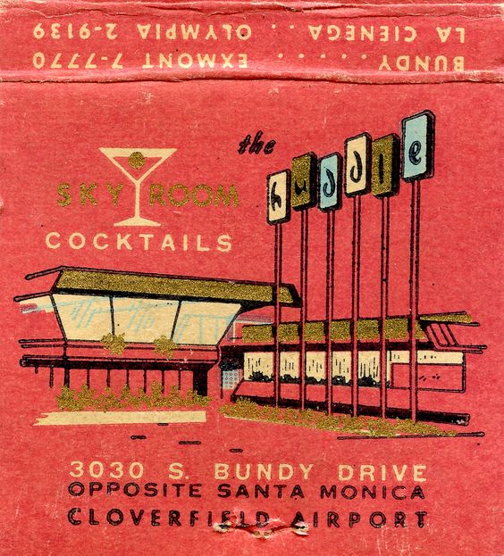 Vintage Matchbook for 'The Huddle' skyroom cocktails in Santa Monica. Fantastic Googie architecture on the matchbook ad. 