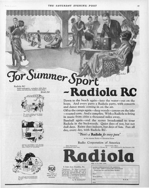 1920s vintage radio ad from 1923 for Radiola RC showcasing an illustration of people in 1920s fashions listening to the radio by the seaside. 