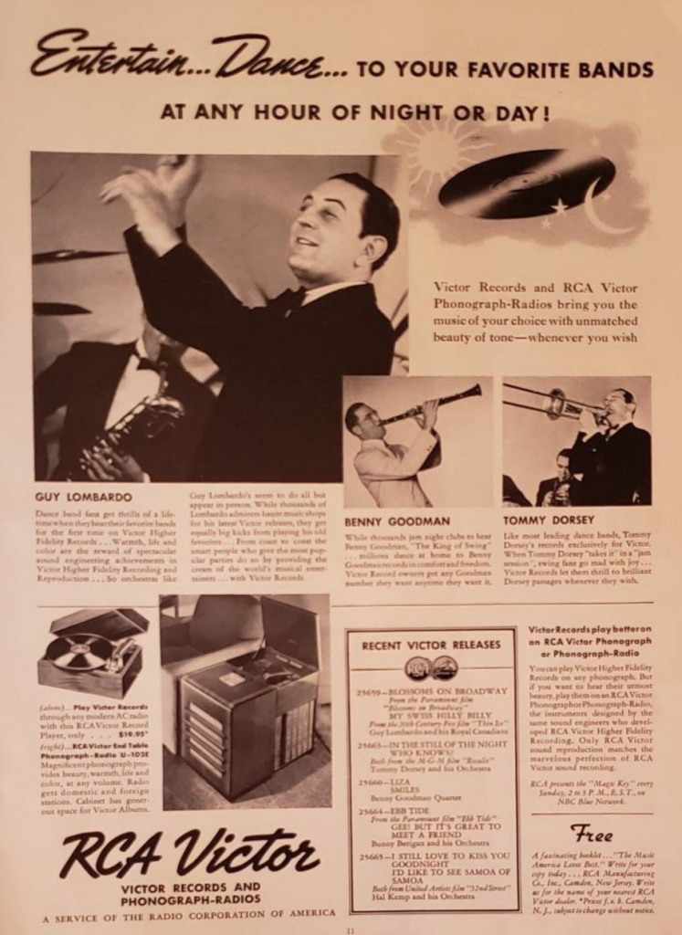 1930s vintage radio ad: 1937 RCA VICTOR Records Phonograph Radios, featuring Big  Band leaders, Guy Lombardo Benny Goodman Tommy Dorsey