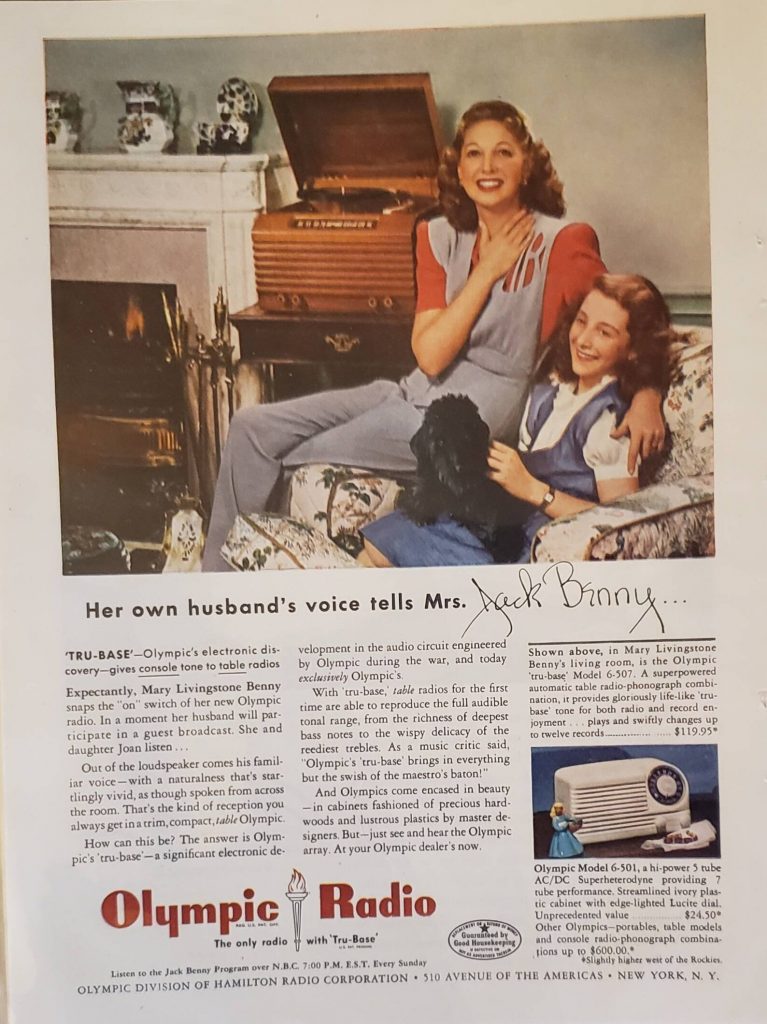1940s vintage radio ad from 1946 OLYMPIC RADIO Tru-Base Radios featuring Jack Benny Wife Mary Livingstone and Daughter listening to his voice on the radio