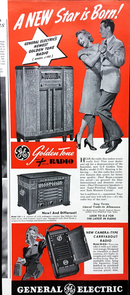 1940s vintage advertising: 1940s General Electric Advertisement for 'The newest Golden Tone Radio' & a "carryabout" radio. 