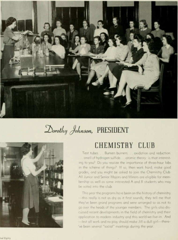 1940s vintage yearbook from 1941 from  the Woman's College of the University of North Carolina. The image is of the Women's Chemistry Club. 