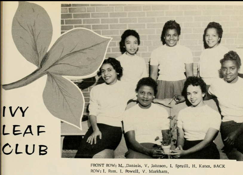 1950s vintage yearbook from Elizabeth City State University a Black University featuring a photo of the Ivy Leaf Club. The Image is of young Black Women in 1950s fashions & hairstyles