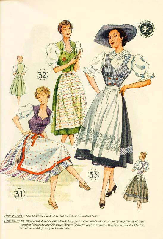 1950s fashion illustration for women's Dirndls as seen in the Lutterloh Dirndl Supplement 1950's