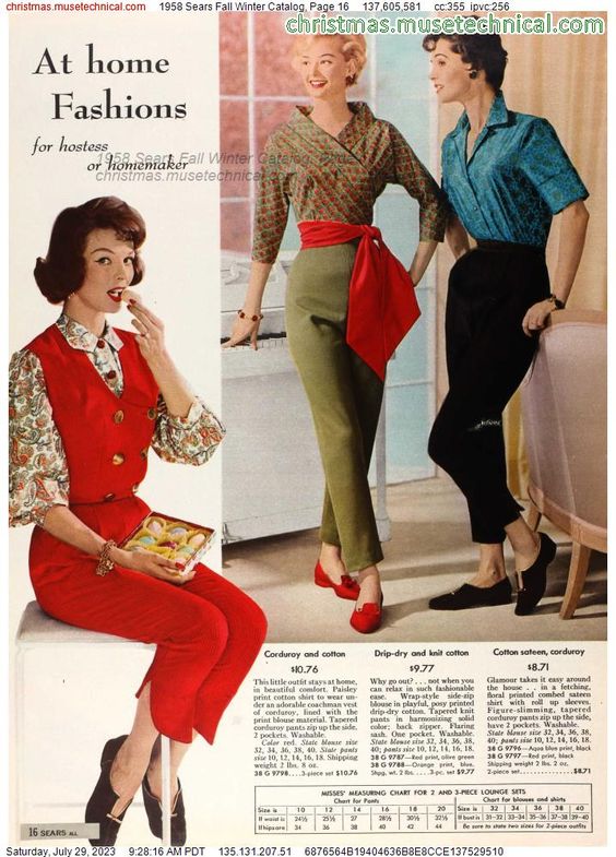 1950s Fall Fashion as seen in a 1958 Sears Fall / Winter Catalog page. 1950s Womens pants and blouses. 