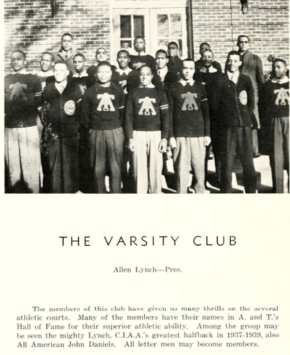 1930s vintage yearbook photo of the 'The Varsity Club' at North Carolina Agricultural and Technical State University. A. & T. is an all Black University. 